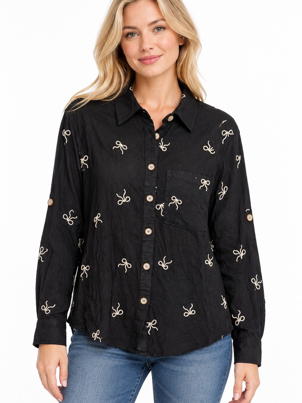 Umgee NWT Size Large Black Button-Front Shirt with Ivory Bow Embroidery